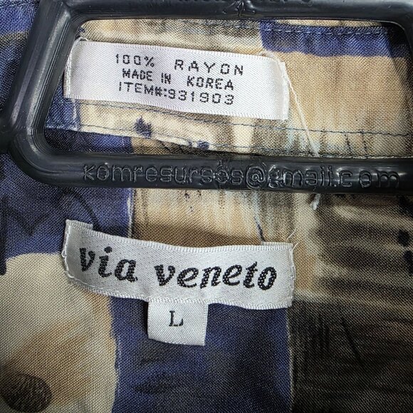 Mens Via Veneto Beige & Blue Geometric Rayon Shirt Button Up Short Sleeve Size L - Picture 3 of 7